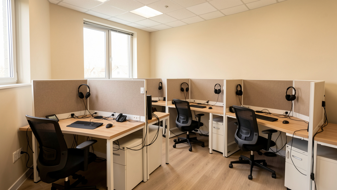 Bureau étroit aménagé avec huit postes de travail compacts, séparés par des panneaux acoustiques pour préserver la confidentialité des appels.