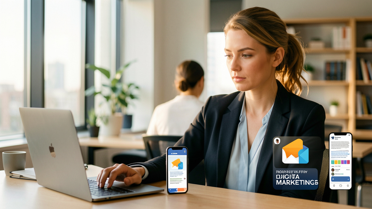 Une femme entrepreneure choisit le premier canal numérique pour vendre une formation en ligne aux entreprises, dans un bureau moderne avec un ordinateur et un téléphone.