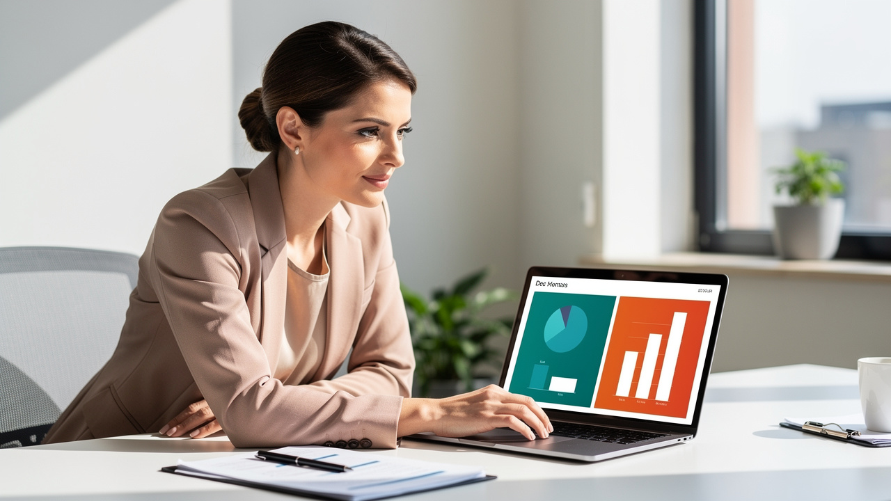 Dirigeante de petite entreprise analysant sur un ordinateur un tableau comparatif visuel de plateformes de netlinking dans un bureau lumineux.