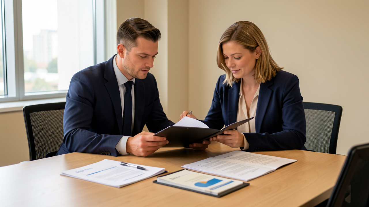 Un homme et une femme examinent ensemble un dossier de proposition commerciale dans une salle de réunion moderne, avec une atmosphère professionnelle et rassurante.