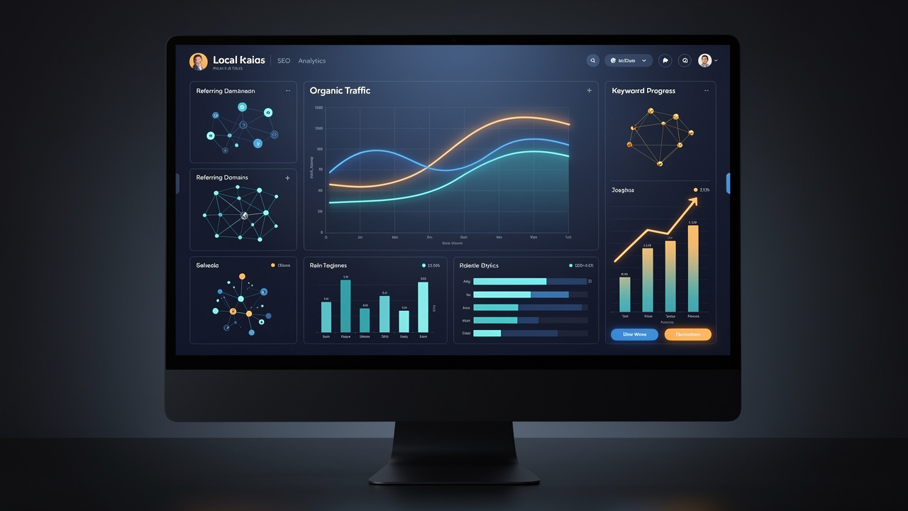 Illustration professionnelle d’un tableau de bord analytique montrant le trafic organique, les domaines référents et la progression des mots-clés d’un commerce local, avec des graphiques abstraits sans texte lisible.