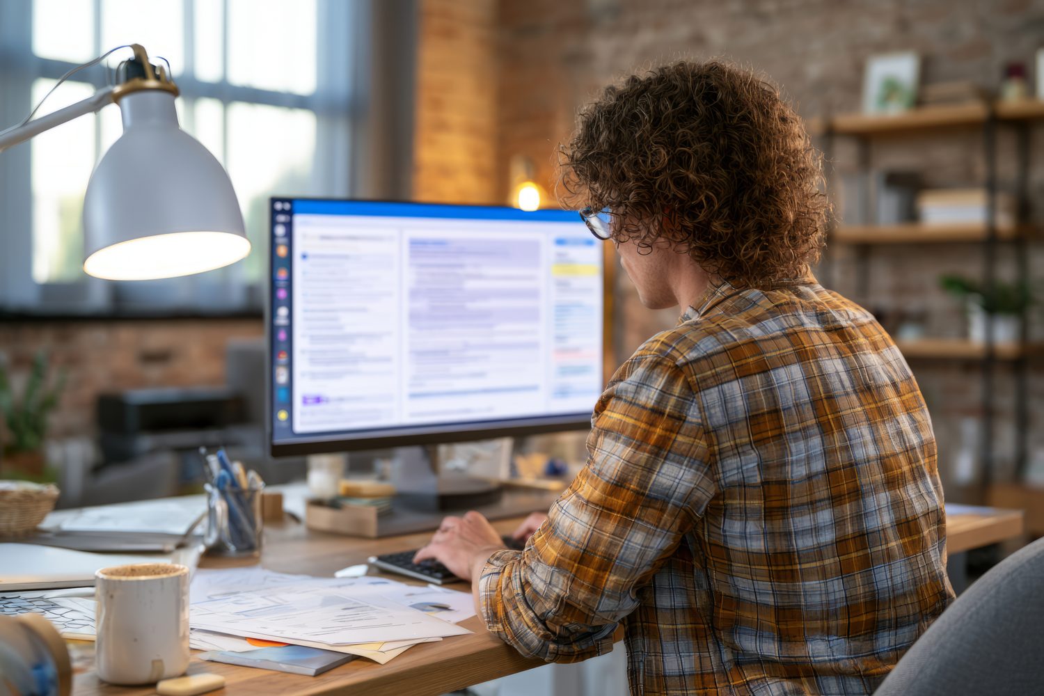 Développeur informatique rédigeant son CV devant un ordinateur.