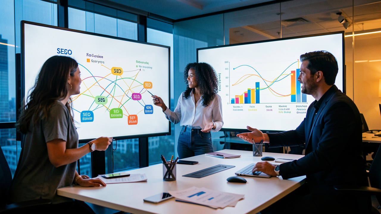 Une équipe marketing composée de deux femmes et d’un homme analyse des graphiques abstraits et des connexions numériques dans un bureau moderne.