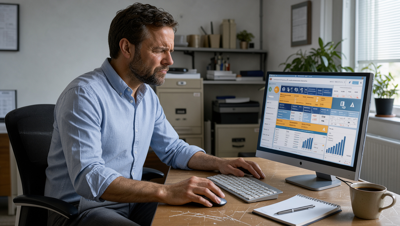 Responsable financier examinant attentivement un virement suspect sur un ordinateur dans un bureau moderne et professionnel.