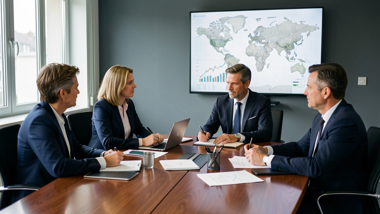 Réunion de direction d’une PME française réunissant quatre cadres autour d’une table, face à des graphiques financiers abstraits et une carte du monde sans indications écrites.